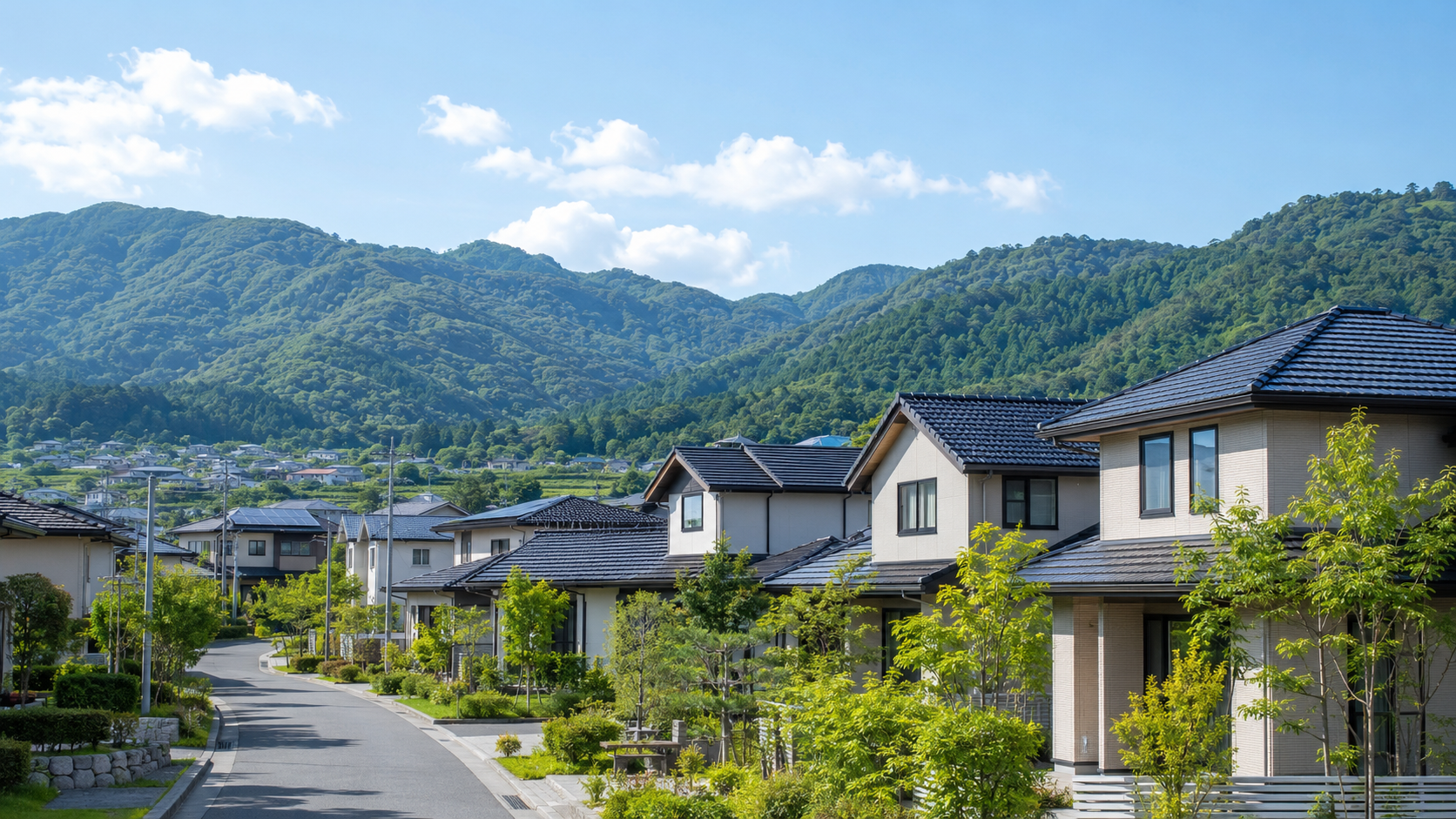 静かな郊外の住宅街と山々